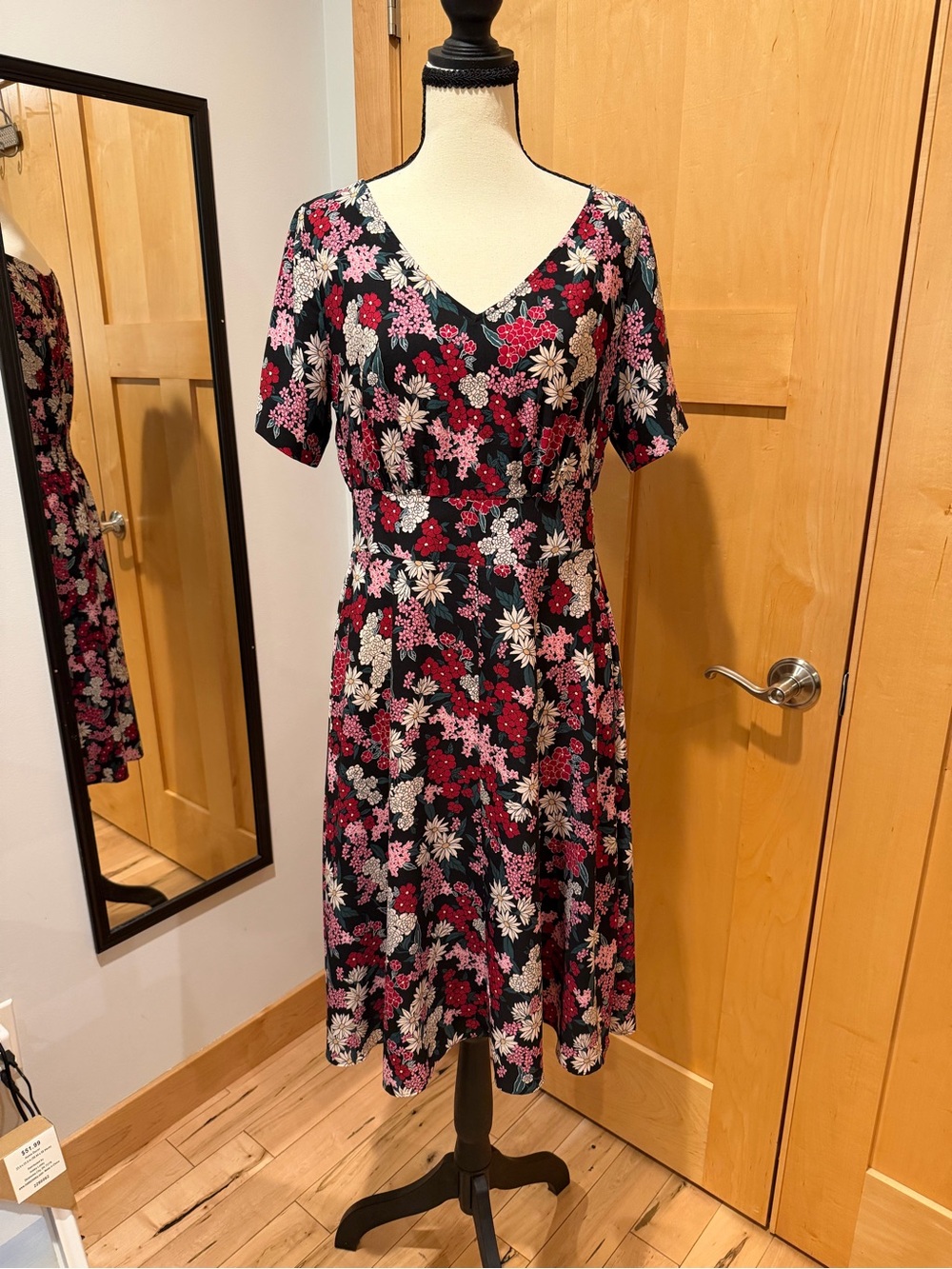 Ann Taylor Factory Floral V-Neck A-Line Dress in Black and Pink